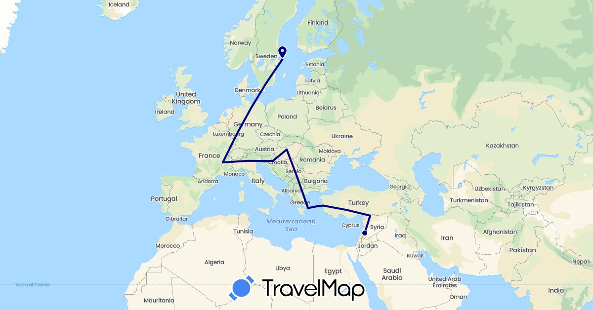 TravelMap itinerary: driving in France, Greece, Croatia, Hungary, Sweden, Syria, Turkey (Asia, Europe)